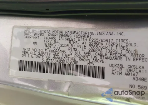 2003 Toyota Sequoia Limited V8 из США, поврежденный, VIN 5TDZT38A63S189705